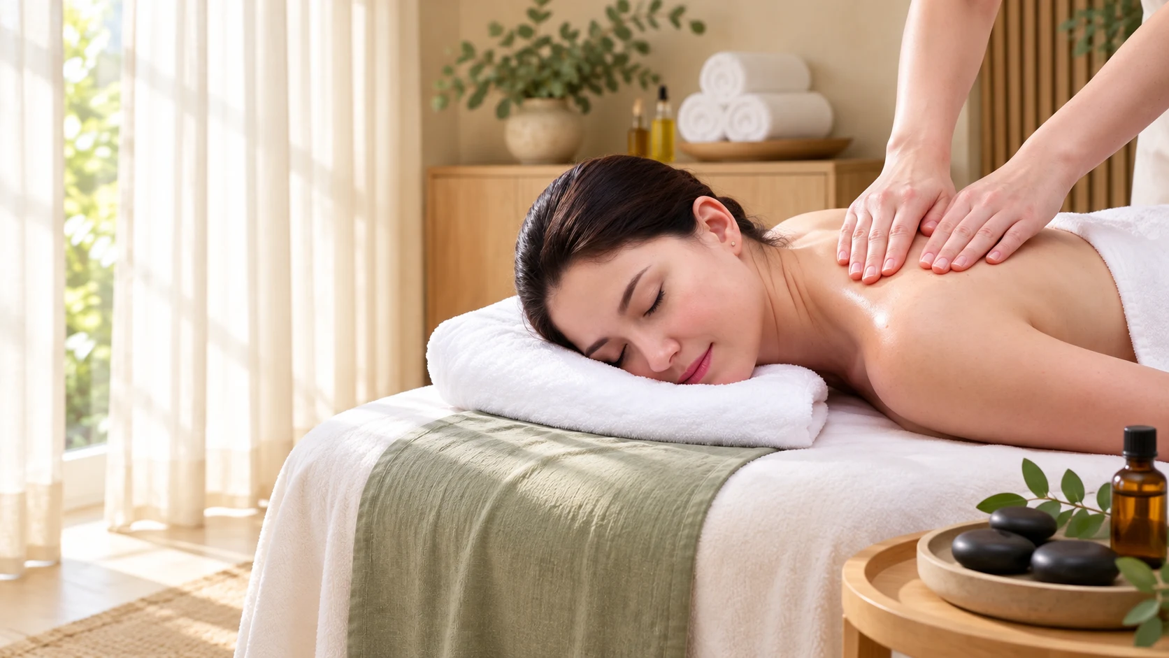 A guest resting on fresh white towels during a professional shoulder massage
