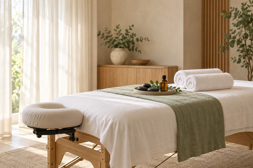 Spa atmosphere with soft daylight, fresh towels, massage oils and hot stones